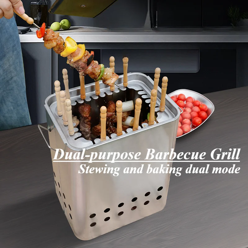 Portable Grill Smokeless Stainless Steel Barbecue Charbroiler Outdoor Indoor Dual-purpose Stewing Oven Small Durable BBQ Grill