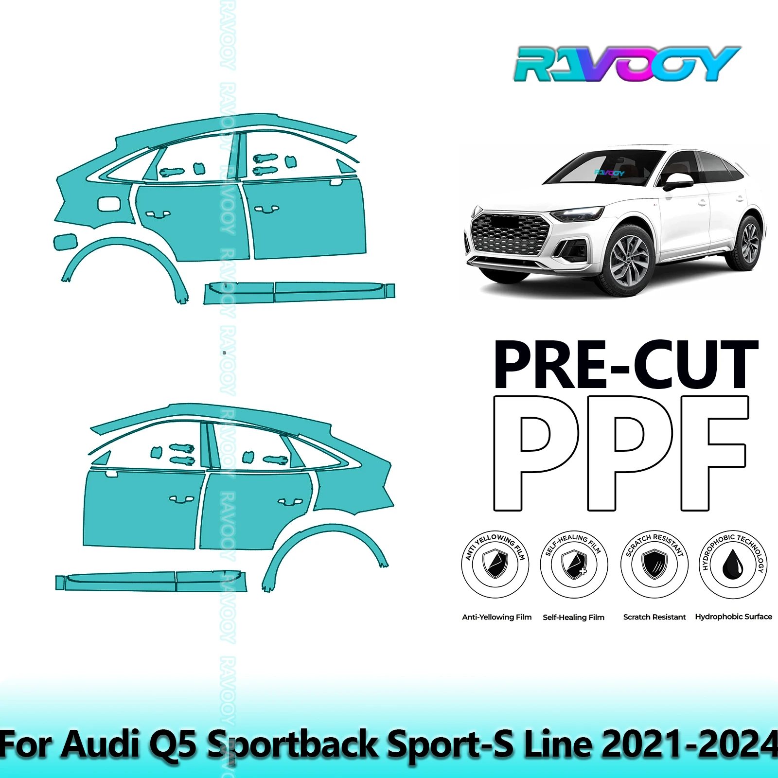 

For Audi Q5 Sportback Sport-S Line 2021-2024 8.5mil Clear Matte Pre-Cut PPF Door & A/B Pillar Kit TPU Paint Protection Film Set
