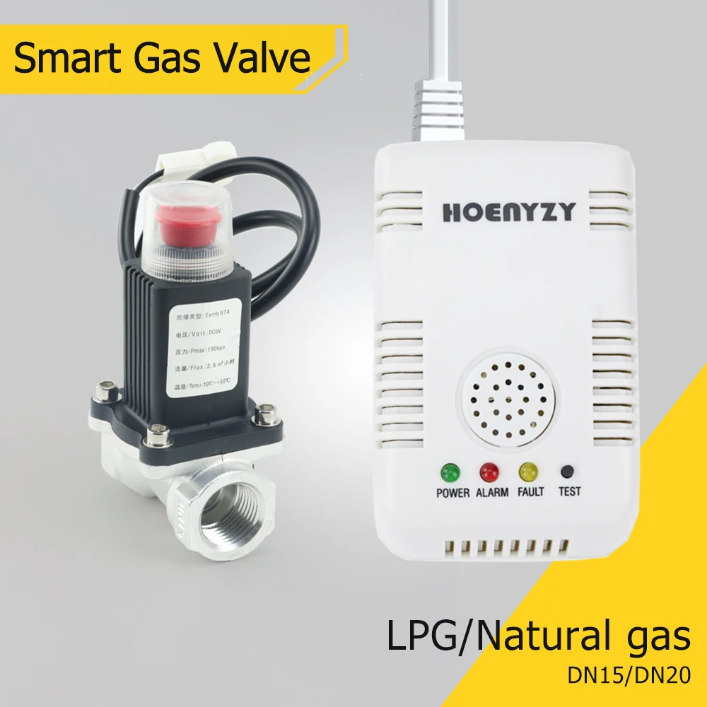 Умный датчик утечки природного газа CH4, 1/2 дюйма, 3/4 дюйма, с электромагнитным клапаном для трубопровода DN15 DN20, Автоматическое отключение для детектора утечки