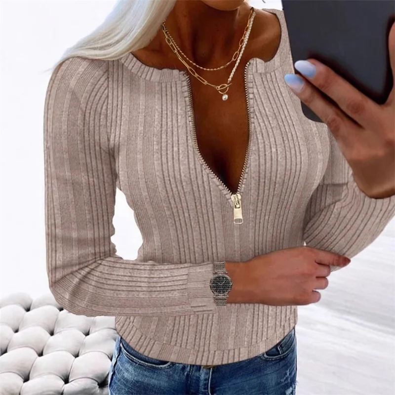 Damen-T-Shirt mit Reißverschluss, V-Ne, Herbst-Winter, schmale Passform, lässig, lang, S Sve-Top, Damen, Faion, Basic, Farbe irt