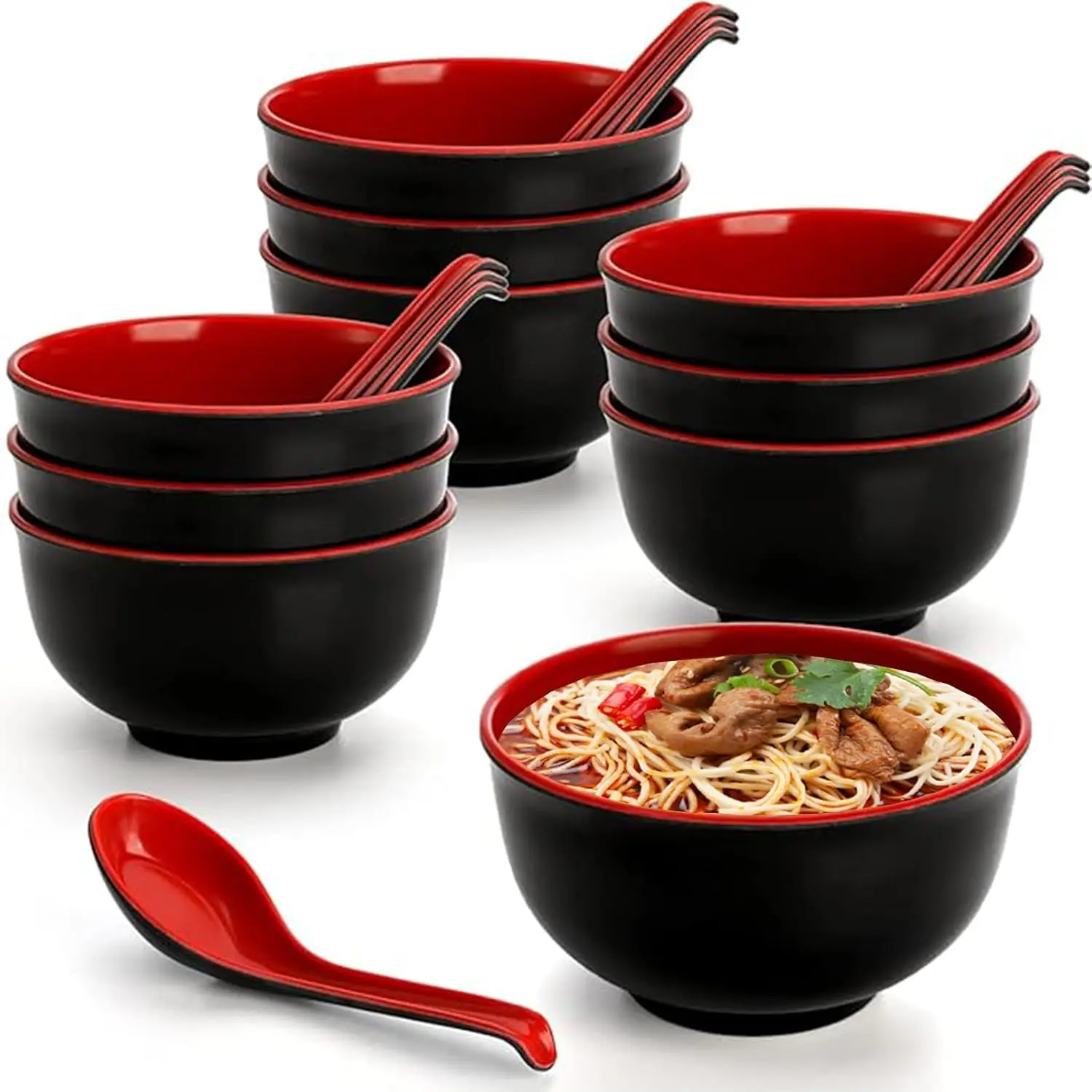 

10 Pack Miso Soup Bowl with Spoon, Unbreakable Melamine Noodle Soup Bowls, 16 Oz BPA-Free Cereal Rice Bowl Japanese Res