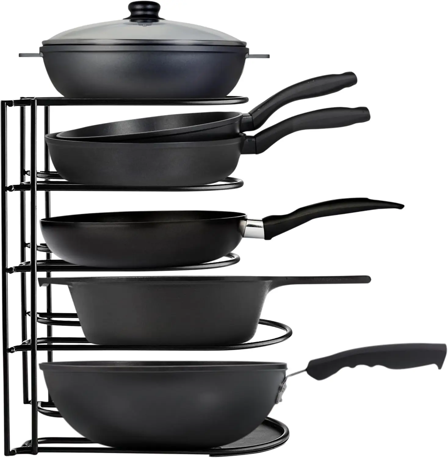 

Heavy-Duty Pots and Pans Organizer | 5-Tier Cookware & Lid Storage Rack | Free-Standing or Wall-Mount | Kitchen Organize