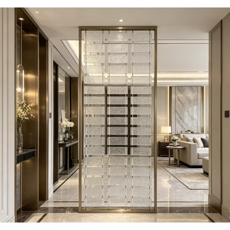 Modern Hollow Glass Partition Wall with Gold Metal Frame for Interior Privacy Decoration in Cafes and Villas