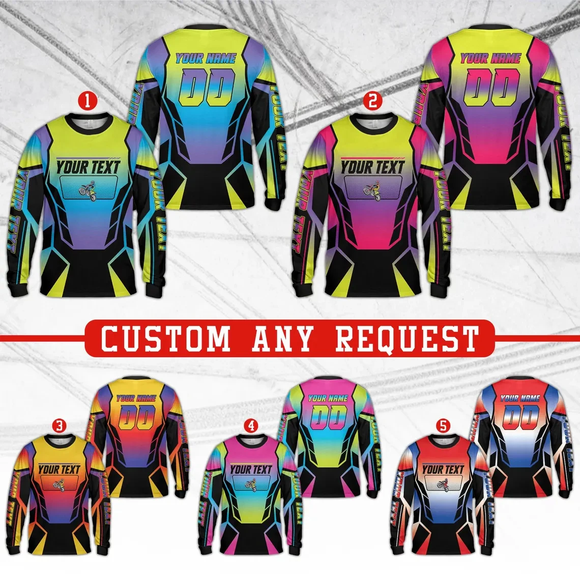 Custom Name Number Motocross Long Sleeve Moto Jersey Dirt Bike Racing Shirt Off Road Riding Top With Unique Multicolor Gradient