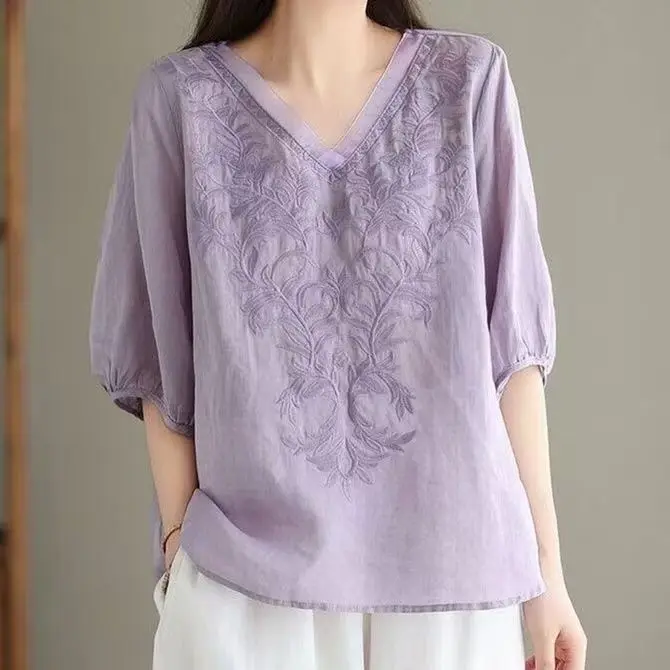 夏新着刺繍入りレディースルーズ五分袖シャツ多用途軽量スタイル