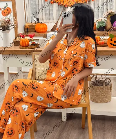 Halloween Women Button‑Down Pajama 2‑Piece Outfit Turn‑Down Collar Men Short Sleeve Shirt Long Pant Pumpkin Ghost Bat Casual Set