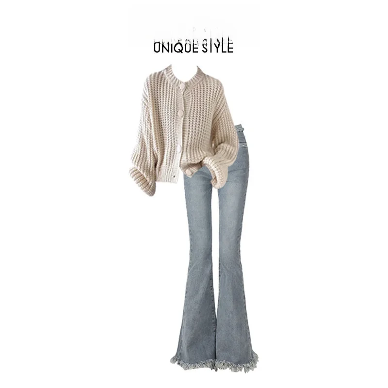 Lush Knitted Cashmere Cardigan Sweater Set round Neck Long Sleeve Lazy High-End Feel Short Coat with Bell Bottom Jeans - view 2