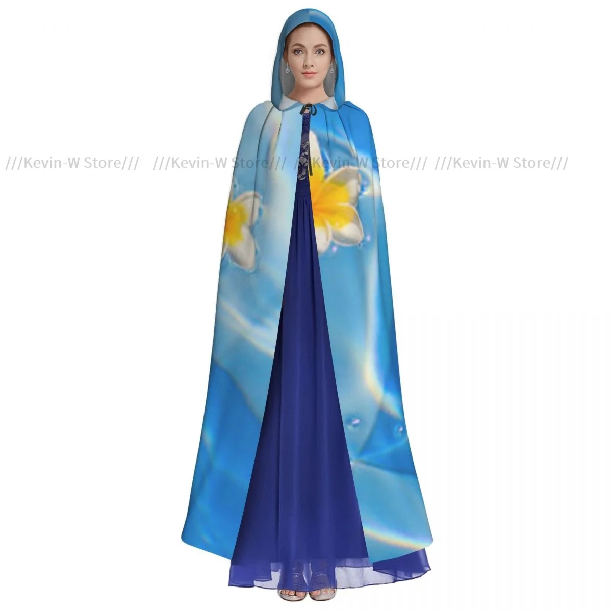 Long Cape Cloak Frangipani Flowers Floating In Blue Water Hooded Cloak Coat Autumn Hoodies