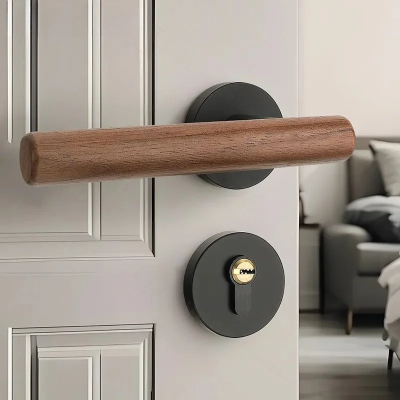 Walnut Silent Magnetic Suction Door Lock Retro Split Design Indoor Bedroom Home Door Handle Simple Room Door Lock