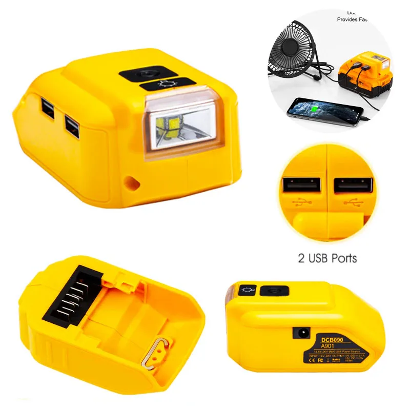 Original Replacement DCB090 Power Source Converter For Dewalt 20v Max 18V Battery Adapter With Dual USB DC 12V LED Work Light