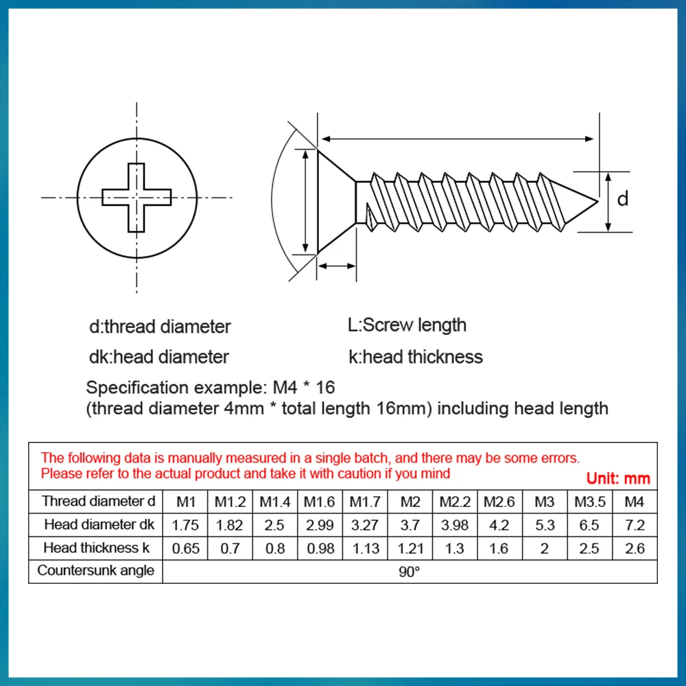 M1 M1.4 M2 M3 M4 M5 M6 Phillips Self Tapping Screws Stainless Steel Flat Head Recessed Countersunk Bolts Woodworking Wood Screw