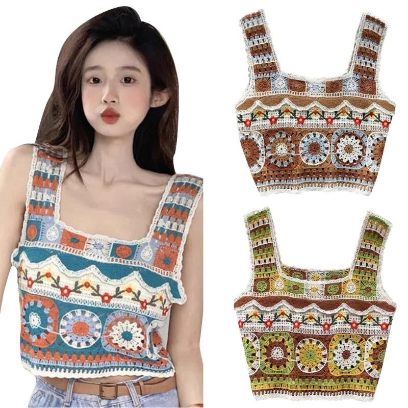 

Women's Crochet Knit Sleeveless Top Knit Straps Crop Tops Square Neck Summer Floral Hollow Out Vest N7YF