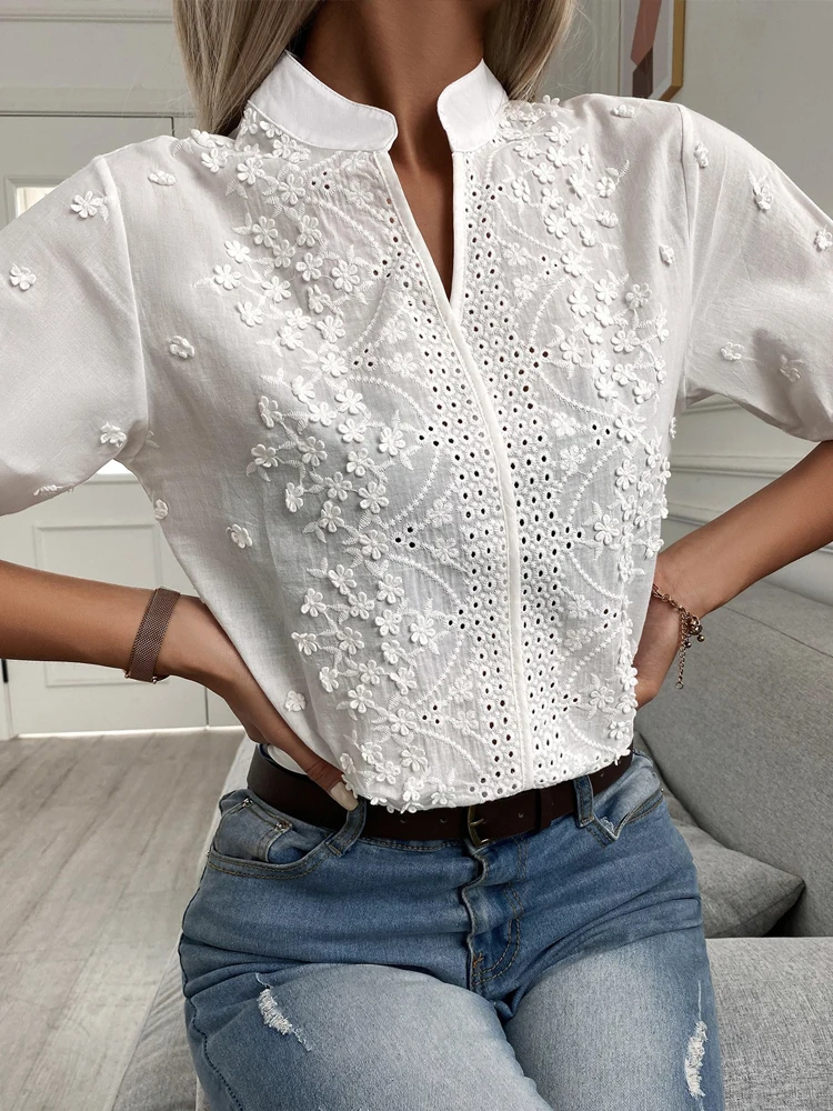 Women's Floral Embroidered Lace Shirt, Casual Shirt, Pointed Neck, Short Sleeves, Cotton, Blusa Feminina Elegante E... Camisas