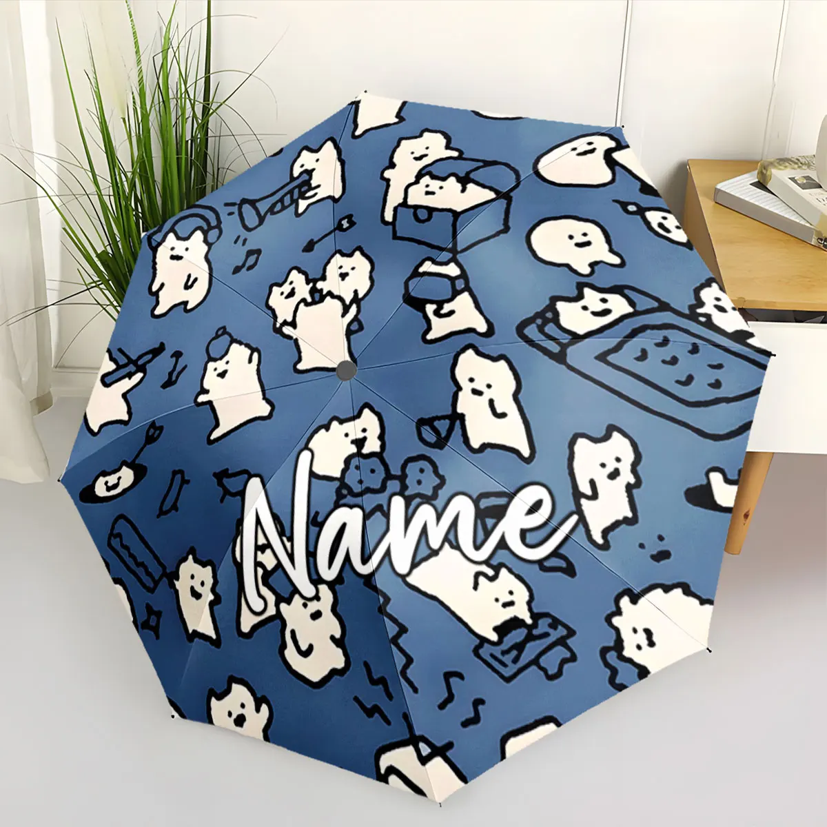 Custom Name Cute Cartoon Pattern Umbrella Design Print 8 Iron Ribs Folding Umbrella, Auto-Open Fashion Sunshade