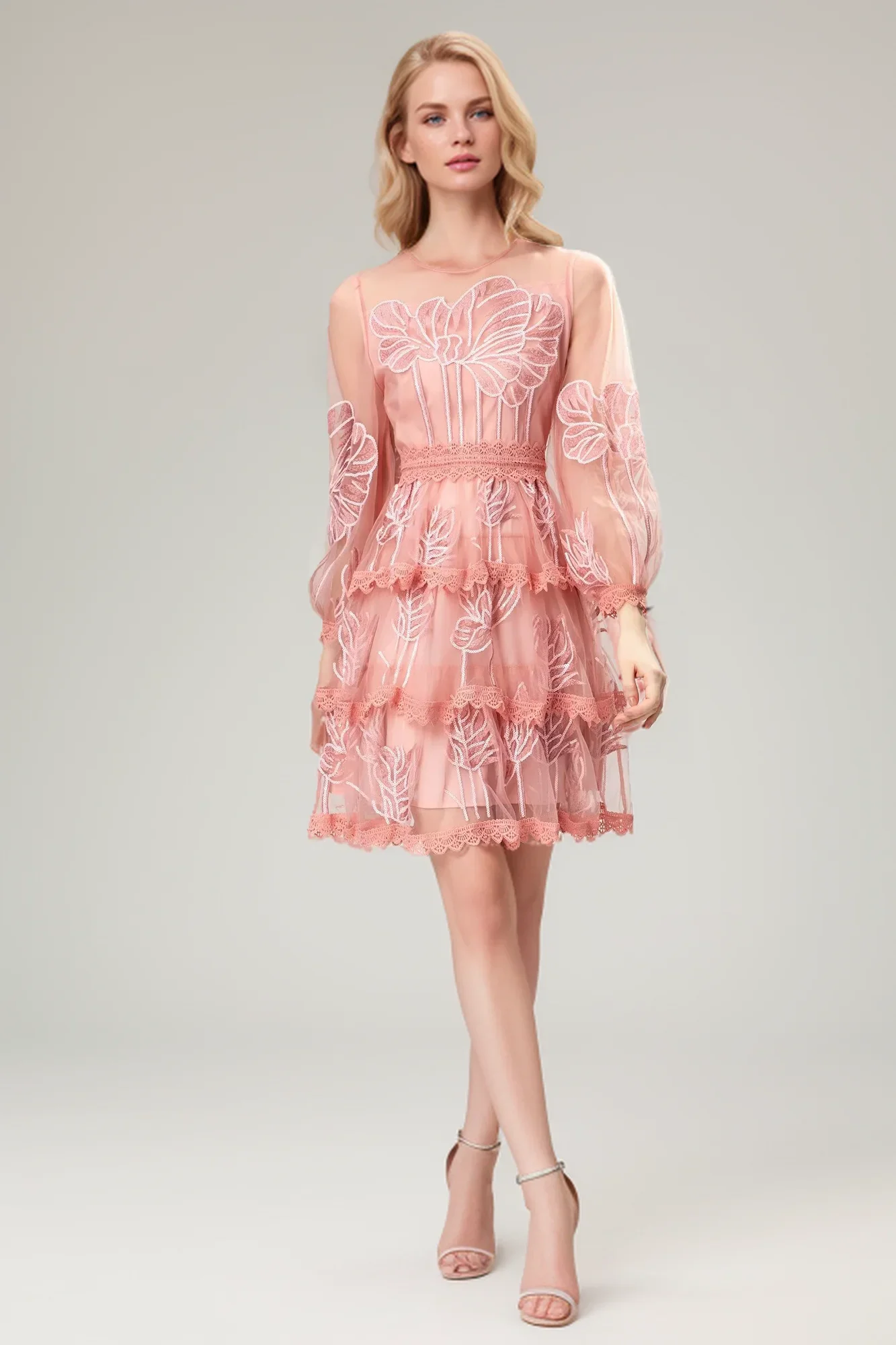 

SEQINYY Elegant Mini Dress Pink Summer Spring New Fashion Design Women Runway Embroidery Flower Sequined Lace Ruffles Mesh