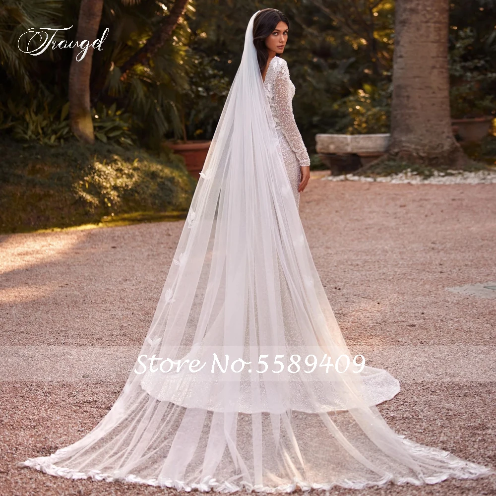 Traugel Elegante rückenfreie lange Ärmel Spitze Meerjungfrau Brautkleider Luxus Applikation Perlen Hofschleppe Vintage Trompete Brautkleid