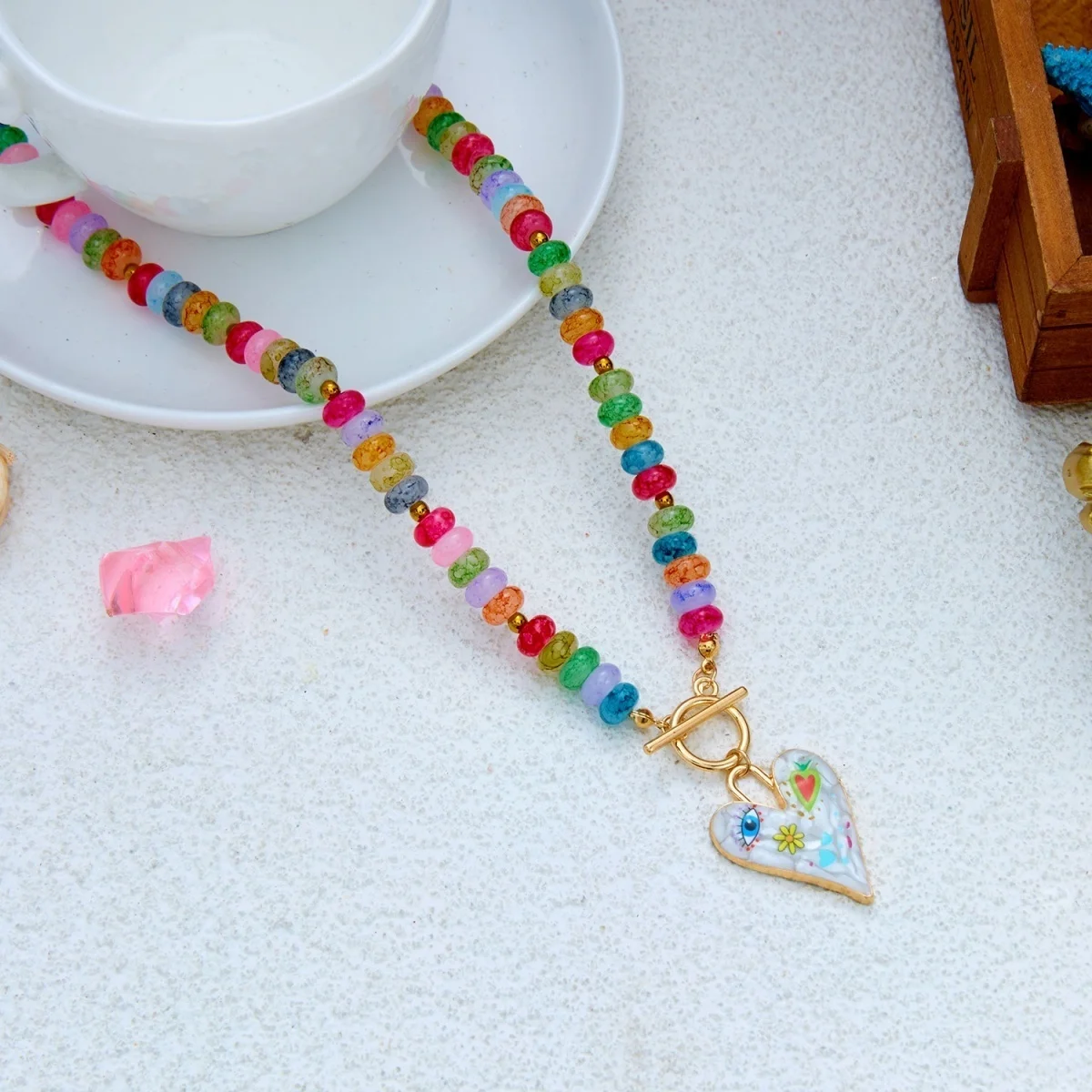 Dopamin Bunte Glas-Flachperlen Graffiti-Blumen-Herz-Anhänger Halskette für Frauen Männer Y2K Vintage OT-Schnallen-Choker Schmuck – Detail 31