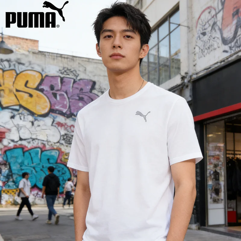 

Puma Mens Short Sleeve T Shirt Crew Neck Cut Out Cat Logo Casual Essential Tee Puma White 587212-002
