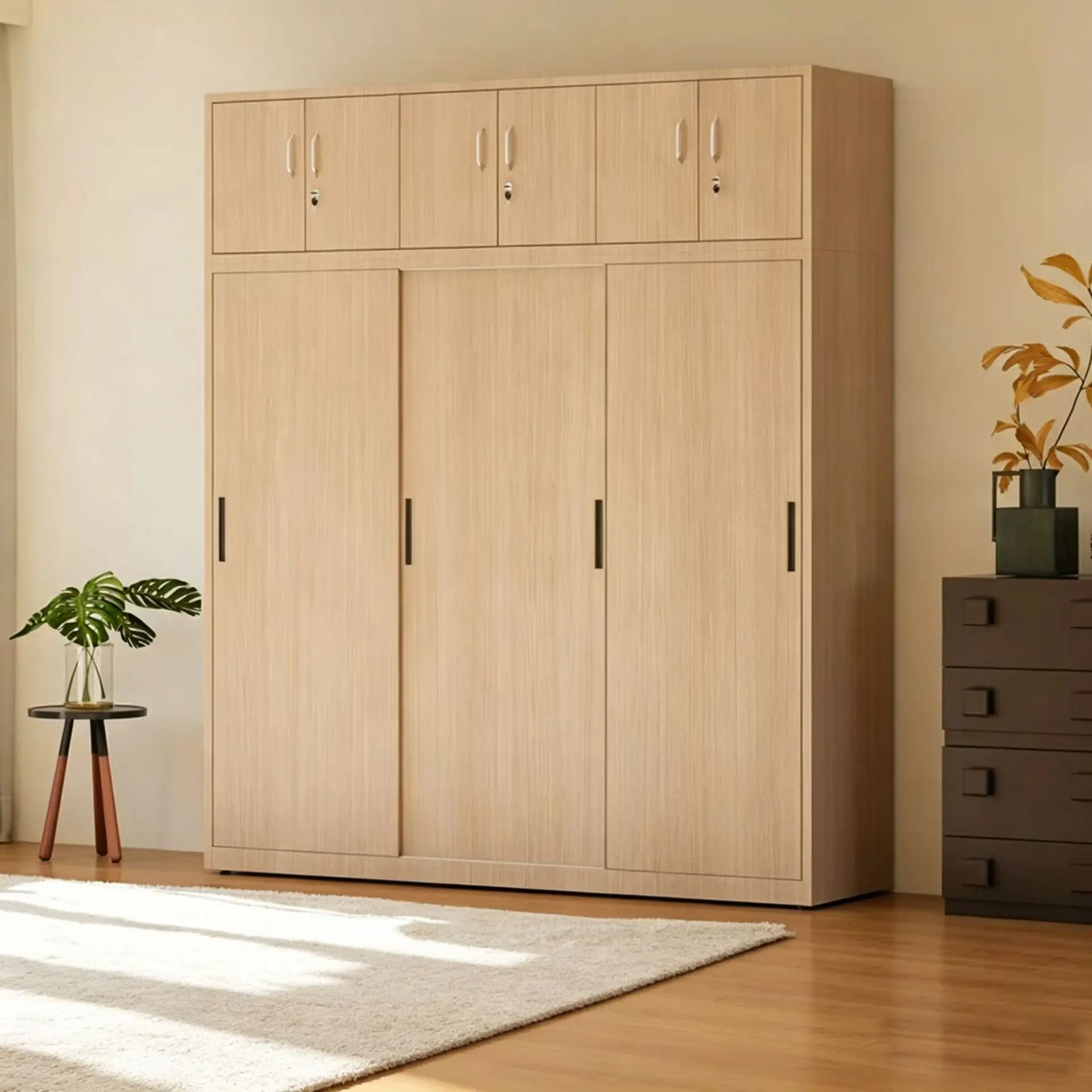HYS steel wood grain iron wardrobe household bedroom sliding door large wardrobe bedding storage cabinet balcony dust locker