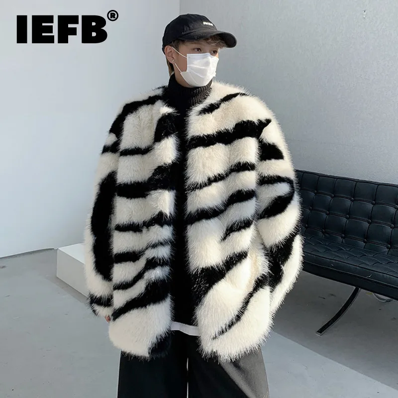 IEFB Male Loose Fur Coat Men\'s Contrast Color Striped Round Neck 2024 Autumn High Street Male Cotton Overcoat Stylish 24A1117