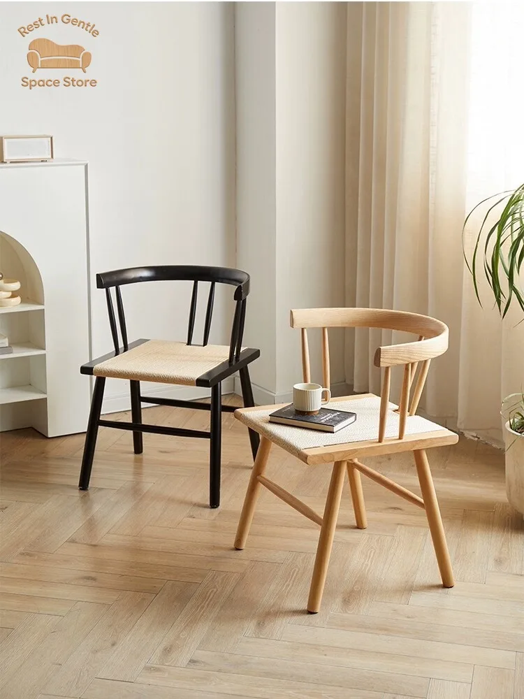 Household small apartment rope-woven dining  retro back chair Japanese leisure solid wood medieval Nordic