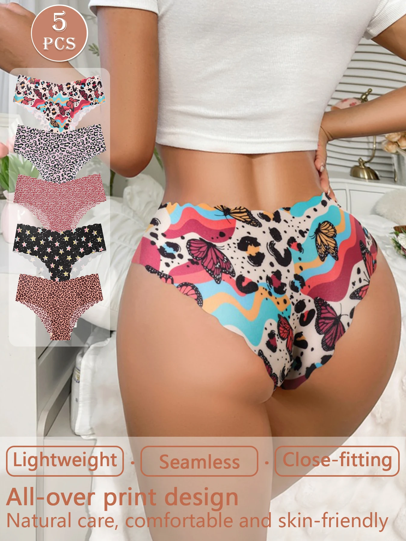 5-Pack Women's Underwear, Solid Color and Printed Mix, Seamless, Bare-Feel, Sexy and Comfortable Bikini Panties
