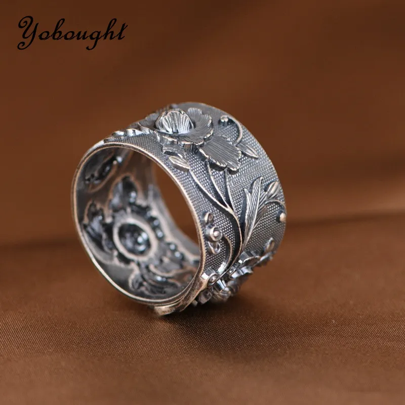 

S925 Silver Ring Women's Chinese Ethnic Style Open Relief Peony Flower Retro Four Leaf Grass Finger Ring Jewelry