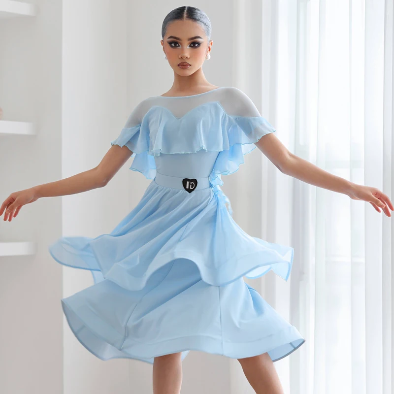 Costumes professionnels de danse latine bleue pour filles, robes de danse latine à volants, Costume de concours de danse de salle de bal pour enfants, SL12155