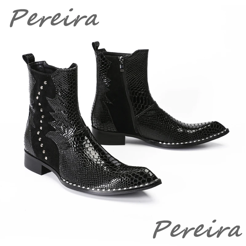 Men's Patent Leather Chelsea Boots British Style Cowhide Patchwork Pointed Toe Zipper Short Boots Trendy Party Banquet Shoes