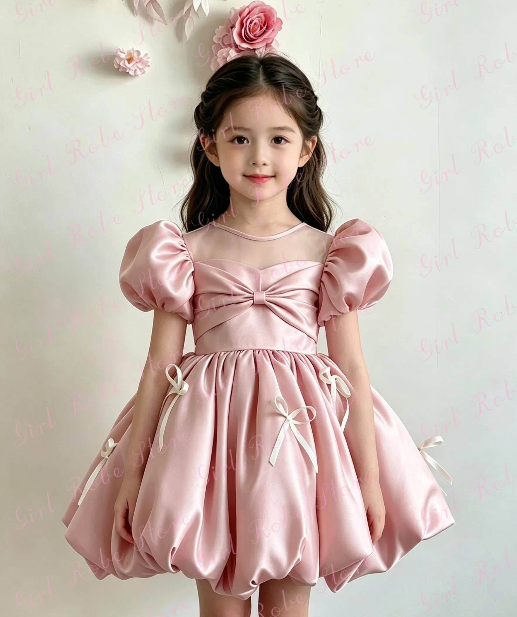 Lovely Pink Satin Flower Girl Dress Knee Length With Bow Short Sleeves Sweet Little Princess Birthday Party Photoshoot Ball Gown