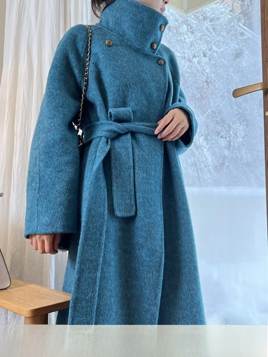 

Double-Faced Camere Woolen Coat Cisas Theme Stand Collar Women's Winter Jaet Long Sve Commute Sle Mid-Length