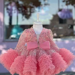 Girls Dress Host Long-sleeved Princess Dress Birthday Party Children Clothes Lace Ball Gown Sequinde Bow Sweet Evening Dresses