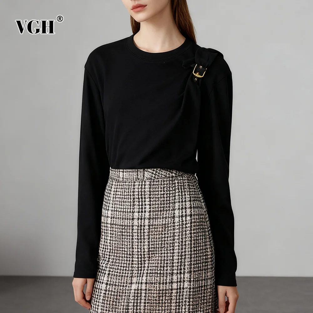 

VGH однотонные утягивающие повседневные футболки со складками для женщин, осенняя дизайнерская футболка с круглым вырезом и длинными рукавами, женский модный стиль