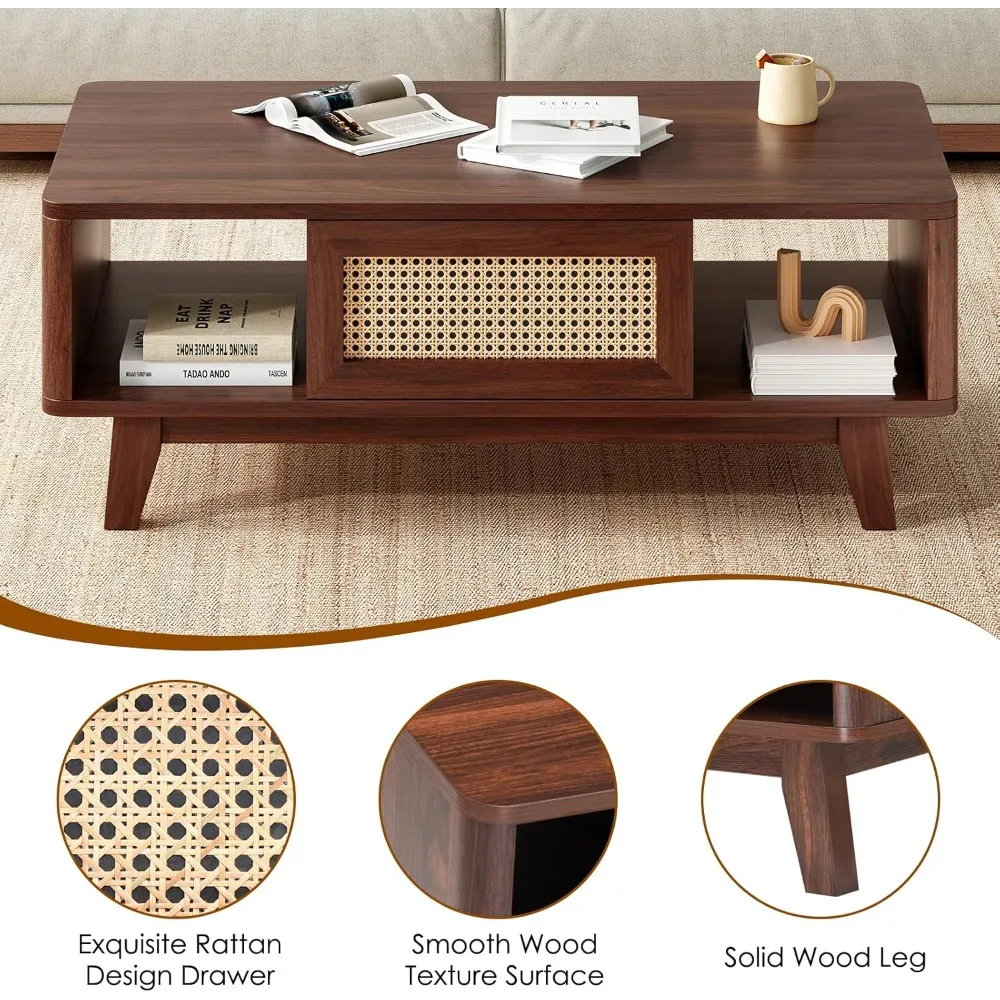 Coffee Table, Mid Century Living Room Tables with Storage, Modern Square with Rattan Drawer, Wooden Living Room Table with Solid