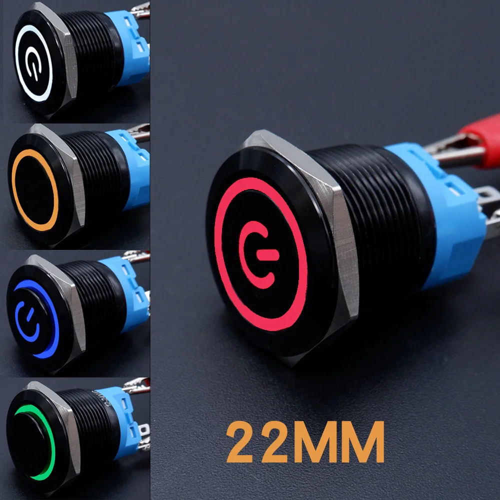 

22mm Black On Off Metal Button Switch Car Start Stop With Led Waterproof Illuminated Metal Momentary Locking 5V 12V Red Blue