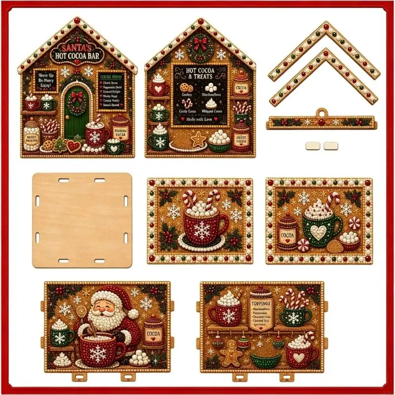 3D Christmas Cottage Pearls Painting Craft Set with 6 Panels and Sparkling Pieces for Hanging or Freestanding Ornament A2UB
