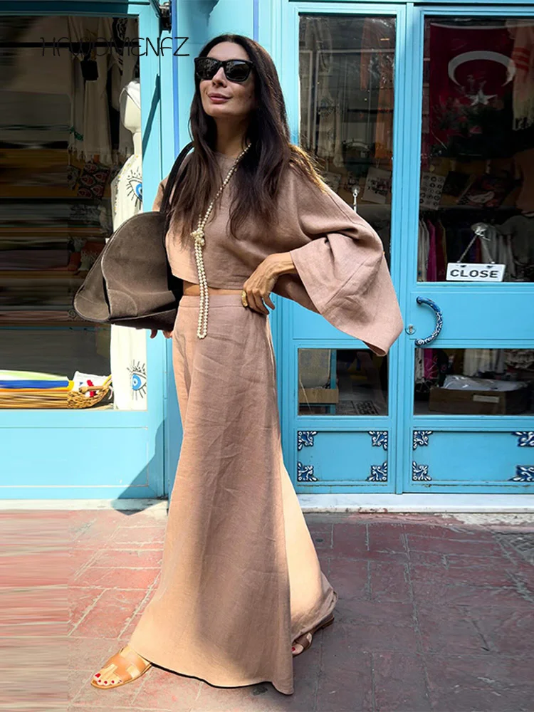 

Casual Crop Tops Lng Skirt Sets Women Solid Cloak Sleeves Loose Top Long Skirt Set Female 2025 Summer Autumn Street Lady Suits
