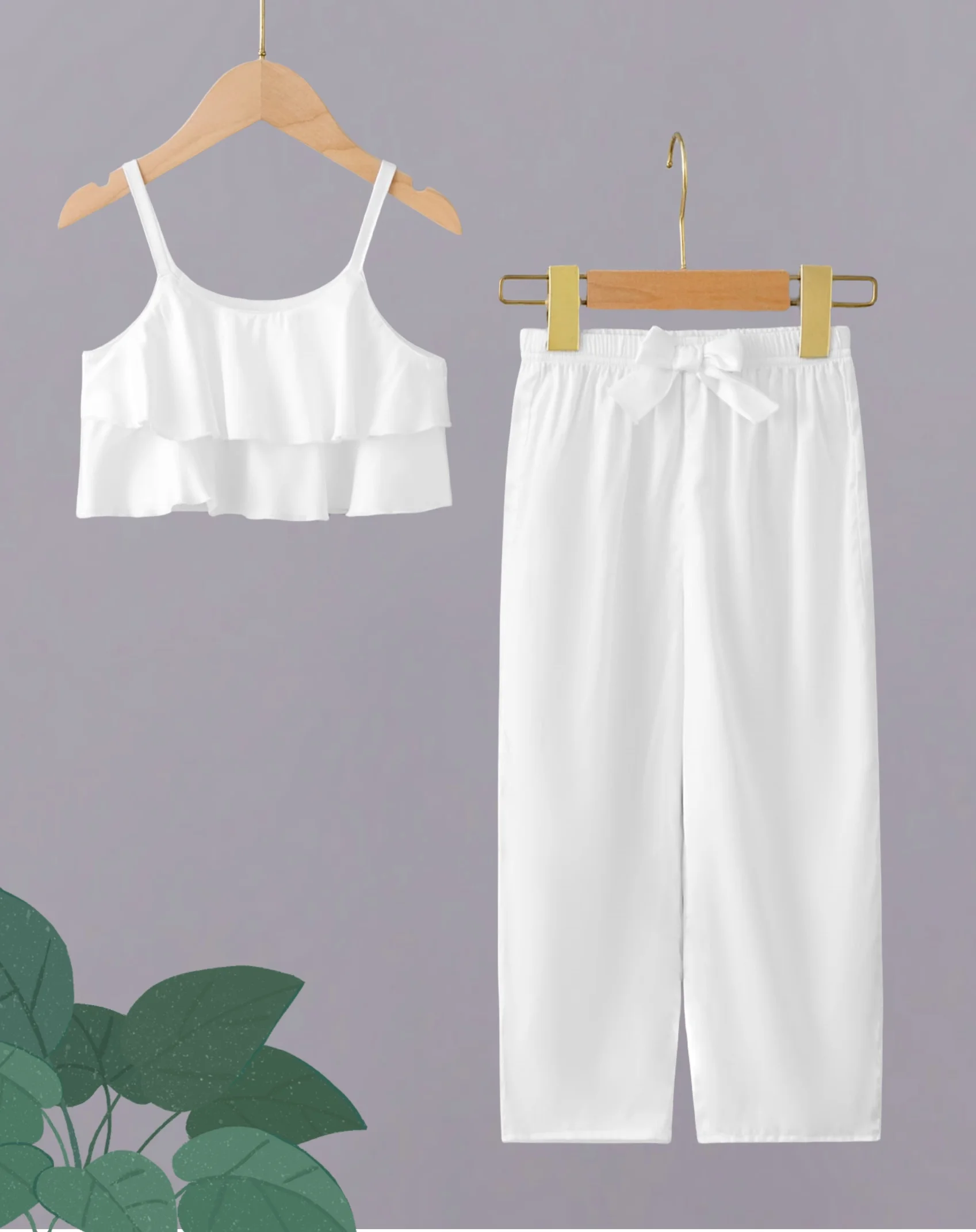 Girls Pure White Fashion Set - Sleeveless Ruffled Top and Lace-up Trousers
