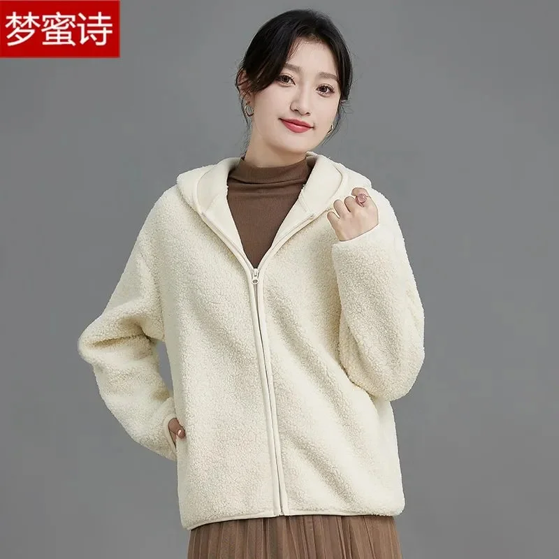 Damska kurtka jesienno-zimowa Krótki kardigan z kapturem z wełny jagnięcej Top 2025 Nowy styl z dodatkową wełną zapewniającą ciepło