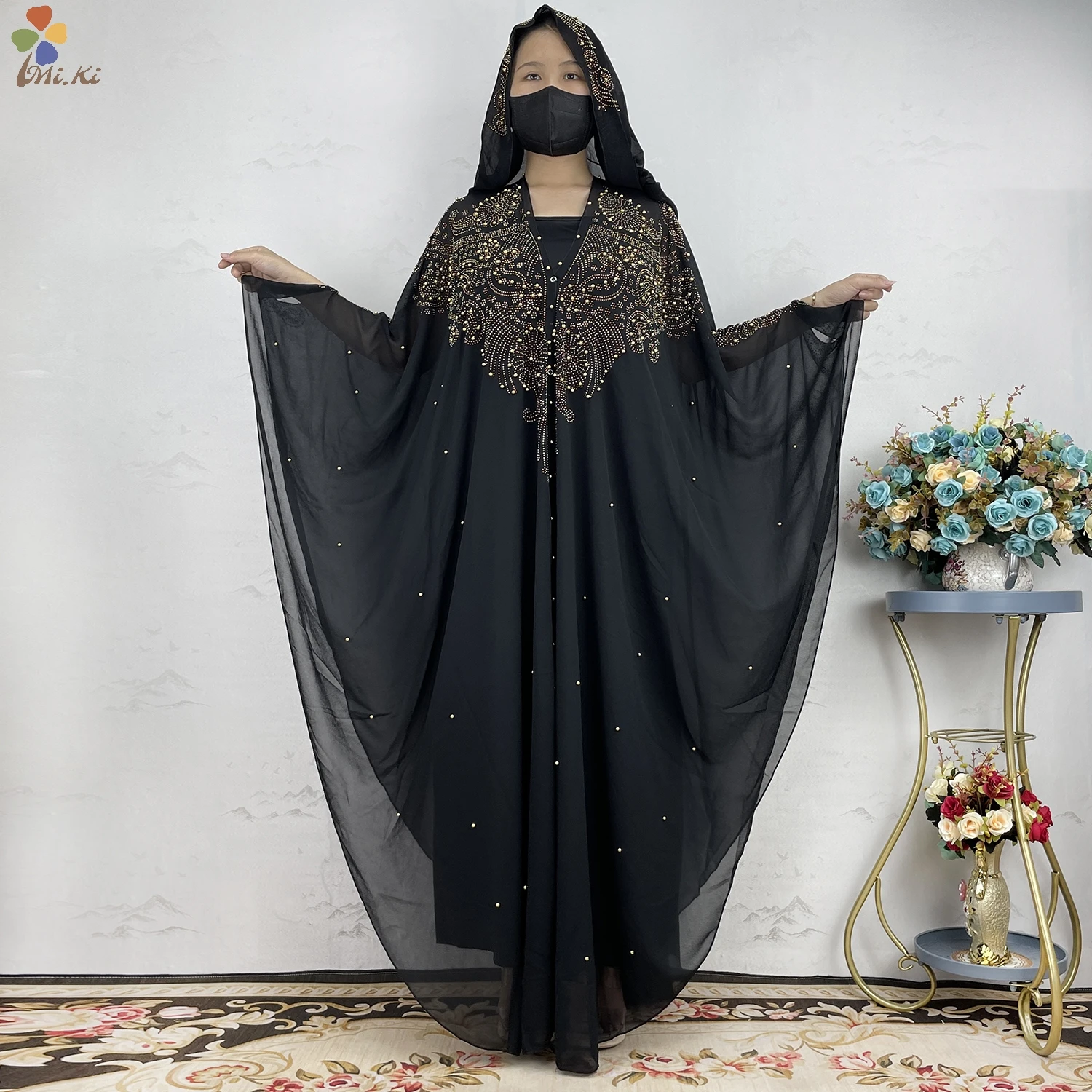 2024 New Open Abaya Dubai Turkey Muslim Hooded Dress Women Chiffon Kaftan Beads Luxury Cardigan Boubou Islamic Clothing