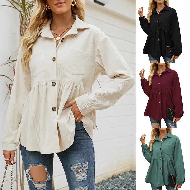 2024 Spring Autumn Women's Long Sleeve Top Casual Loose Corduroy Shirt 2 Pocket Single-breasted T-shirt Women's Top With Sleeves