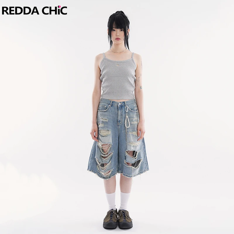 

REDDACHiC Unisex Ripped Holes Bermuda Pants Loose Casual Low Rise Wide Leg Frayed Denim Blue Jean Shorts Korea Women Streetwear