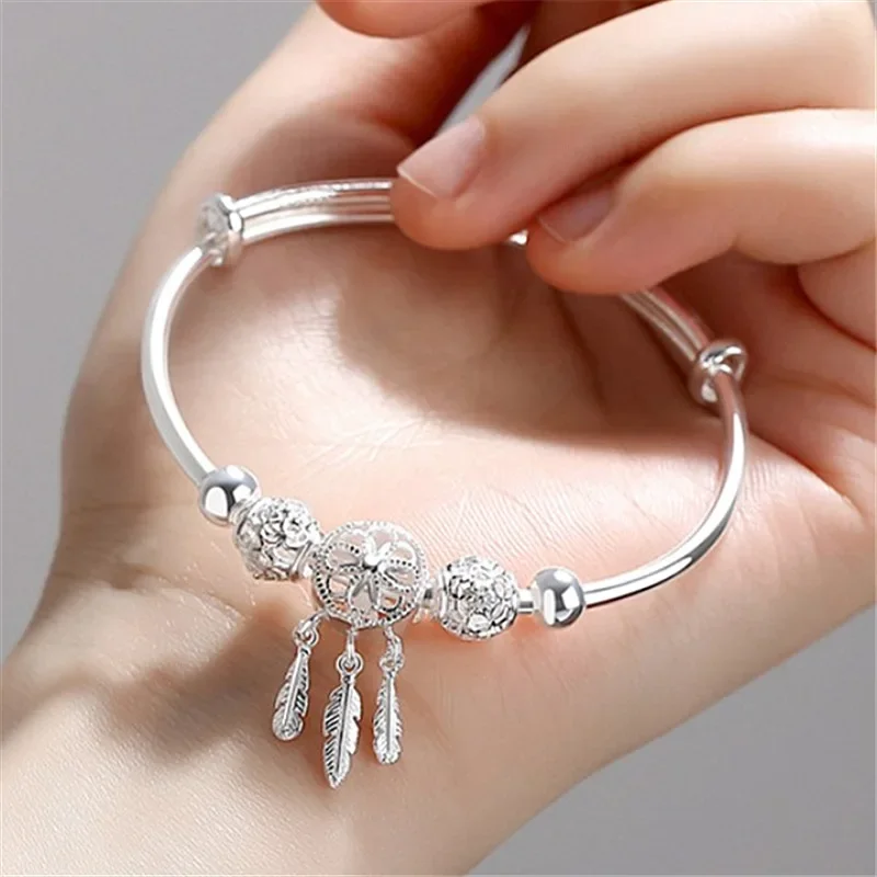 925 Sterling Silver Dreamcatcher Tassel Feather Round Bead Charm Bracelet &Bangle Adjustable For Women Elegant Jewelry Pulseiras