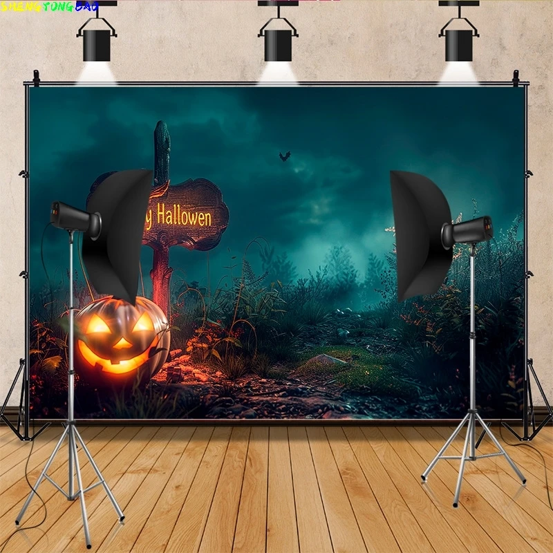 Toile de fond d'Halloween pleine lune effrayant maison nuit château cimetière forêt chauves-souris Aliments lanterne effrayant photographie fond SJ-4