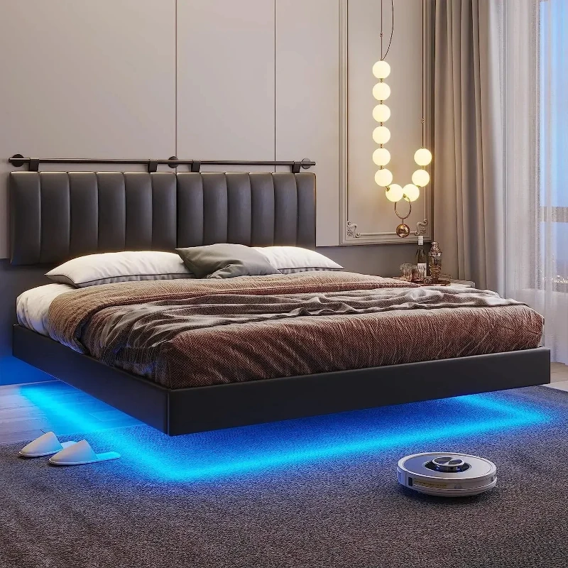 

Marco de cama King negro con luces LED y cabecero montado en la pared, plataforma tapizada para muebles de dormitorio interior