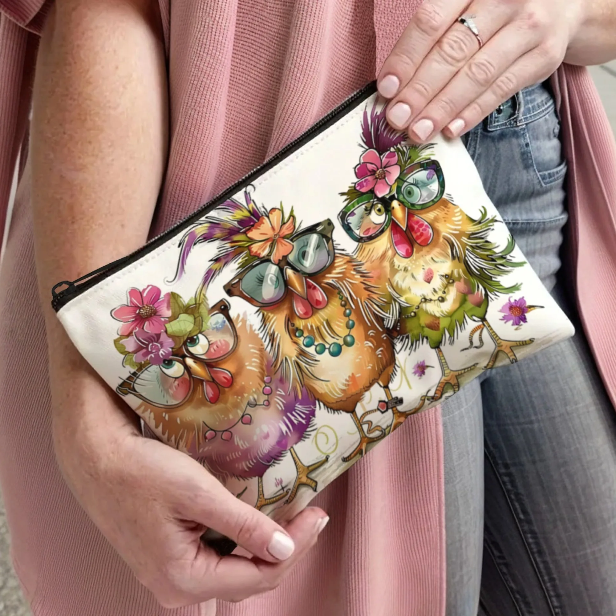 Novedosa bolsa de cosméticos estética de pollo de moda: organizador de maquillaje de viaje ligero plegable con cierre de cremallera