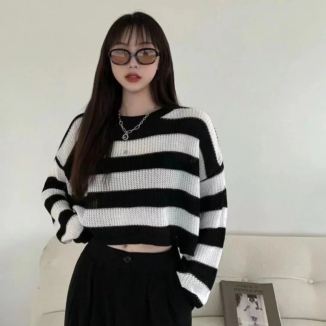 Fashion 2024 Long Sleeve Crochet Knit Top Summer Beach Bikini Cover Up Crop Pullover Knitwear Blouse Women Vacation Boho Outfit