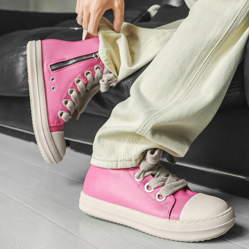 Original Pink Men High-top Sneakers Zip Designer Skateboard Shoes Men Women Fashion Autumn Ankle Boots Leather Casual Sneaker view 3