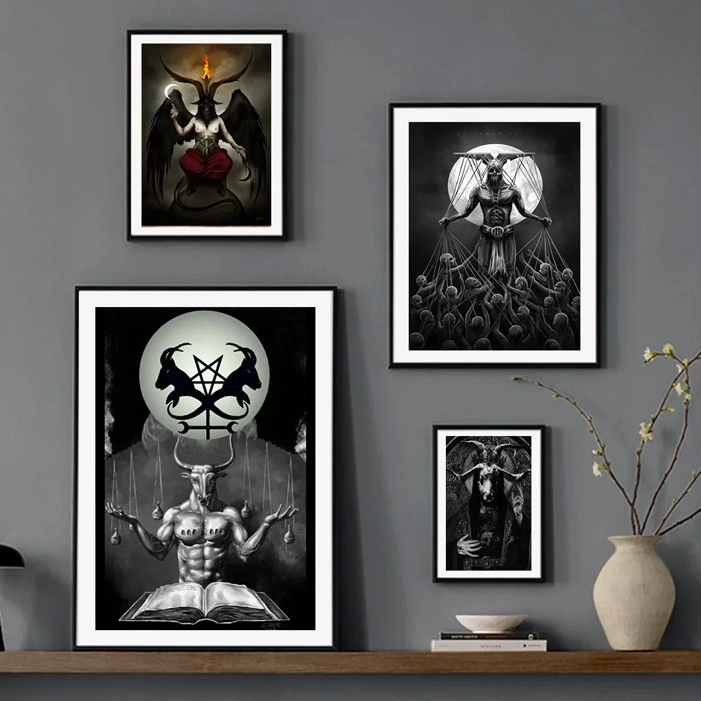 Dark Academia Art Baphomet Sheep Headed Demon Poster Prints For Home Decor Christian Devil Satan Canvas Painting Wall Art