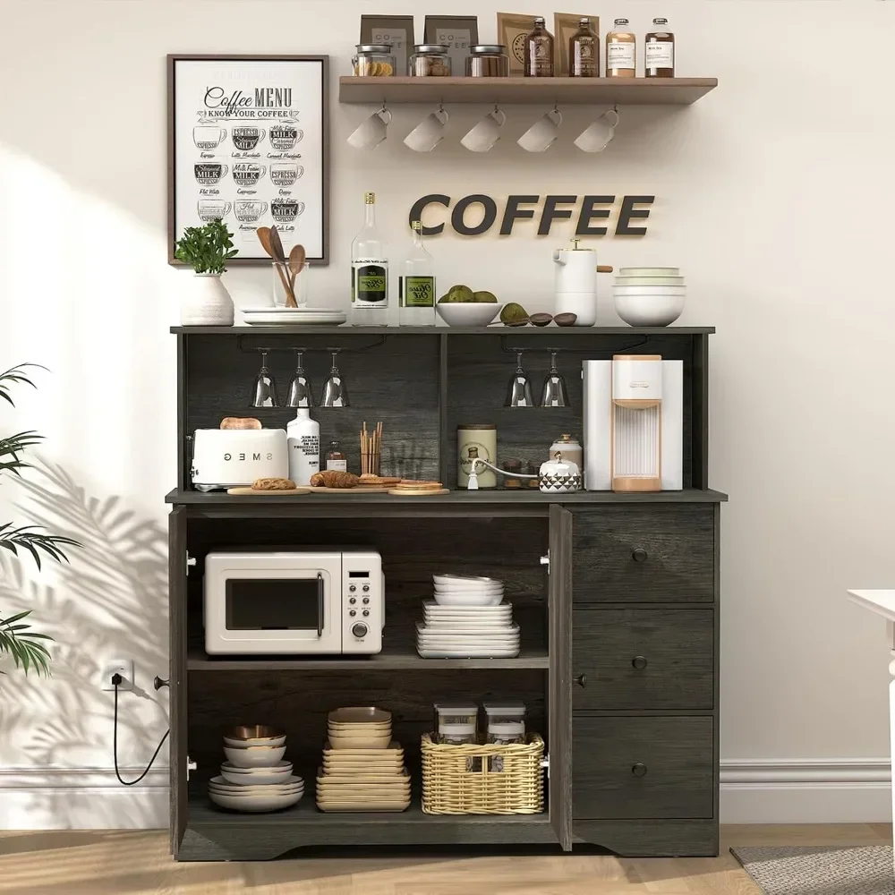 Bar Cabinet, Kitchen Sideboard Buffet Cabinet with Wine & Glass Rack, 3 Drawers & Adjustable Shelves Coffee Bar Cabinet